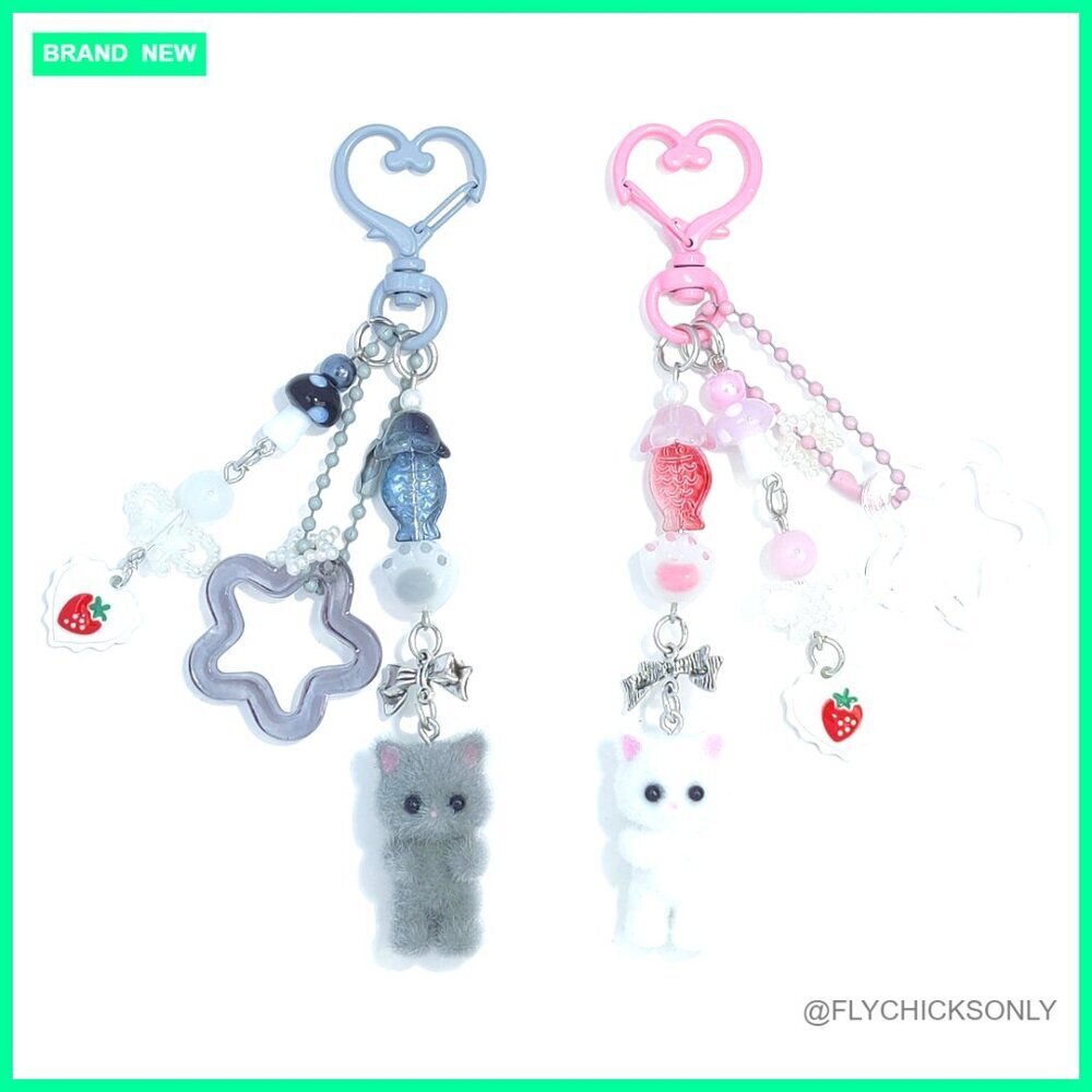 Fuzzy Cat Keychain with Beads, Alloy Keyring, Fashionable Accessory